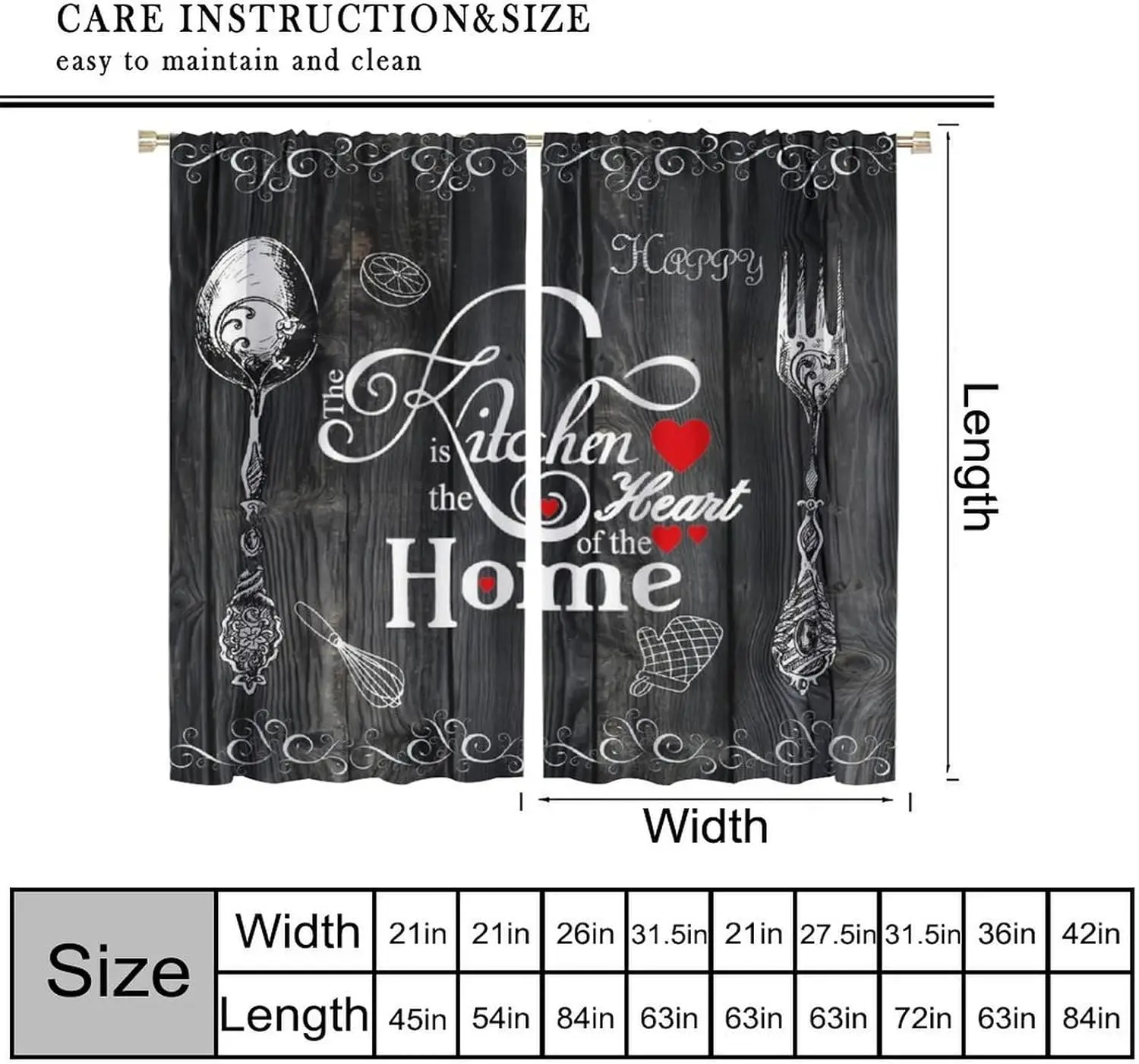 Black Vintage Kitchen Curtains, Rustic Farmhouse Fork Spoon Wood Grain Window Drapes for Cafe Barn Bedroom Living Room