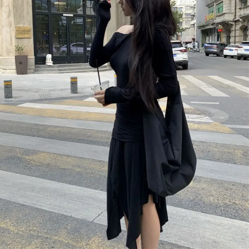 Female Clothing Irregular Dresses French Style Slash Neck Spring Autumn New Stylish Off Shoulder Elegant Solid Color Midi Dress