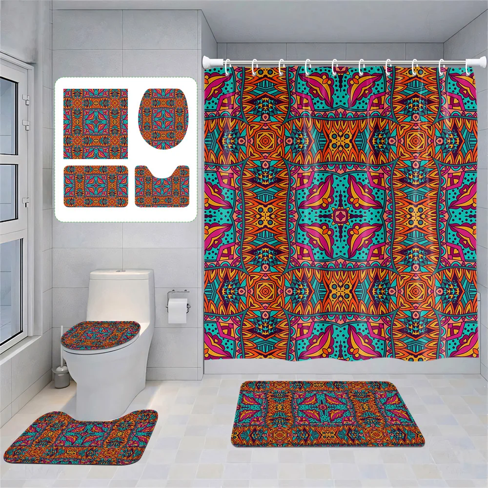 Bohemian 4-Piece Bathroom Set: Shower Curtain, Toilet Cover & Rugs, Vivid Geometric & Floral Patterns, Exotic Stylish Makeover