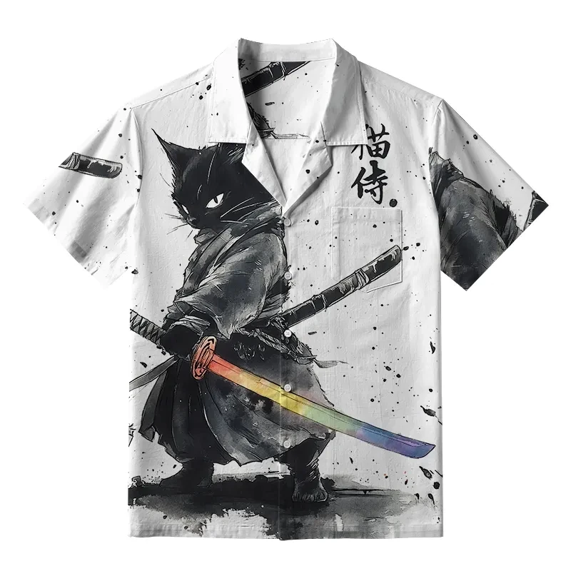 Men's Cat Graphics Shirts Short Sleeved Lapel Japanese Style Shirt For Summer Oversized Tops Vacation Casual Hawaiian Shirts