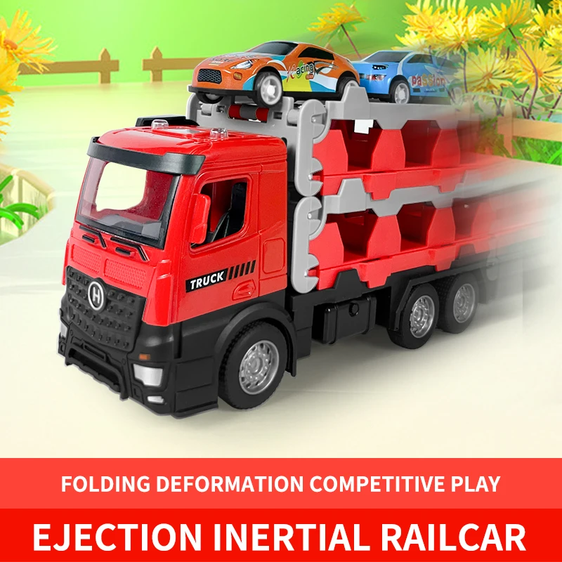 Catapulta deformación, pista de eyección, juego de coches, coche de aleación, contenedor de juguete, camión, modelo de remolque de aleación, contenedor grande, camión de almacenamiento, juguete