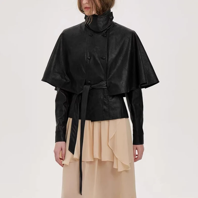 Giacca in Pelle Primaverile, Collo Alto, Doppiopetto, Stile Vintage, con Cintura, Trench Corto in Pelle Scamosciata per Donna