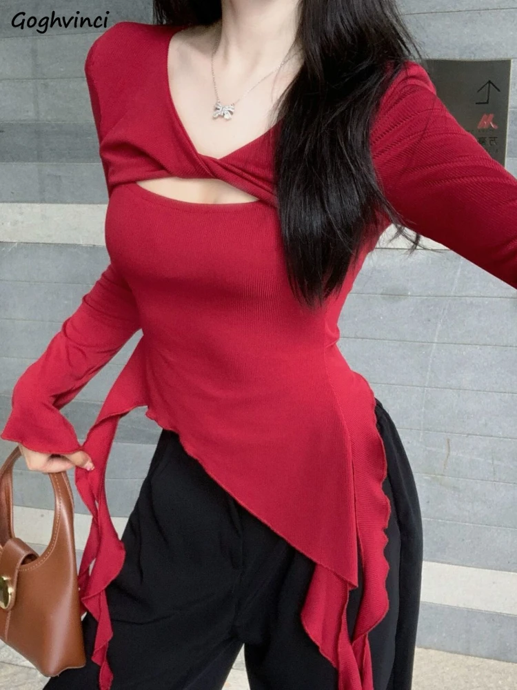 

Solid T-shirts Women Long Sleeve Patchwork Ins Slim Fit Design Spring Korean Style Temper All-match Girls Streetwear Chic Tops