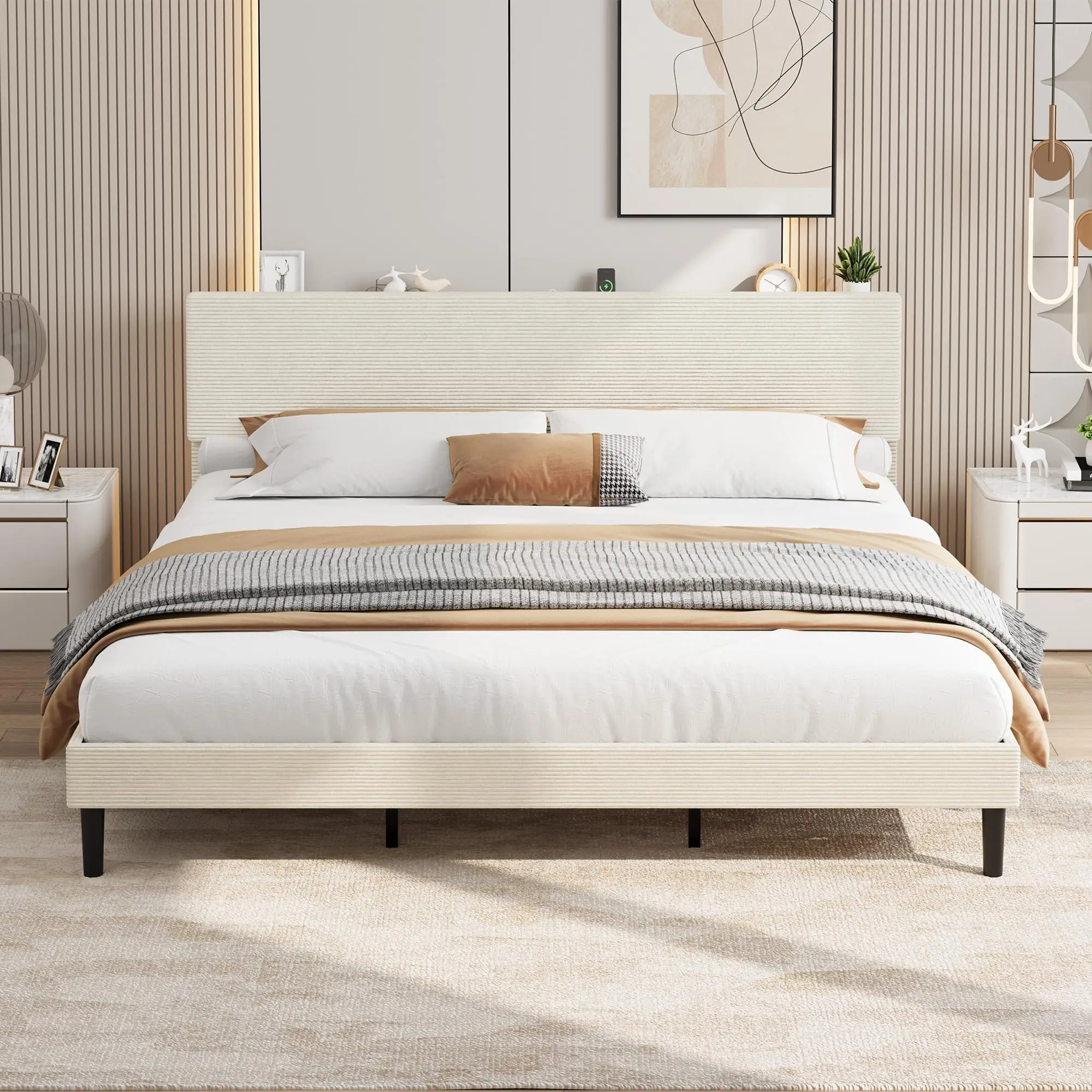 Upholstered Platform Bed Frame with Adjustable Corduroy Storage Headboard & Built-in USB Charging Station – Sturdy Wooden or Metal Slats – Easy Assembly – No Box Spring Needed – Fits Twin/Queen/King, Gray/Beige