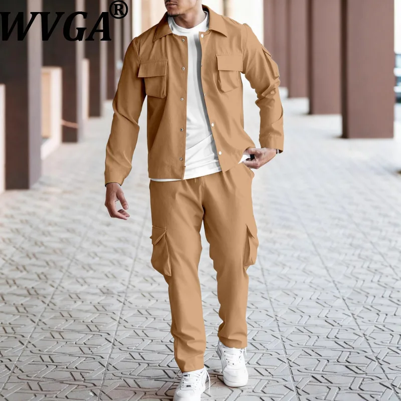 WVGA Spring Autumn New Men Tide Multi-Pocket Trendy Long Sleeve Jacket Niche Chic Asual Straight Pants Two Pieces Set Ins W15576