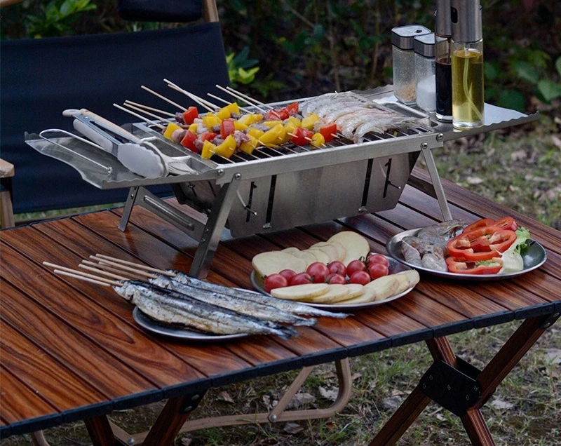 Outdoor stainless steel charcoal grill skewers folding oven camping picnic portable fire
