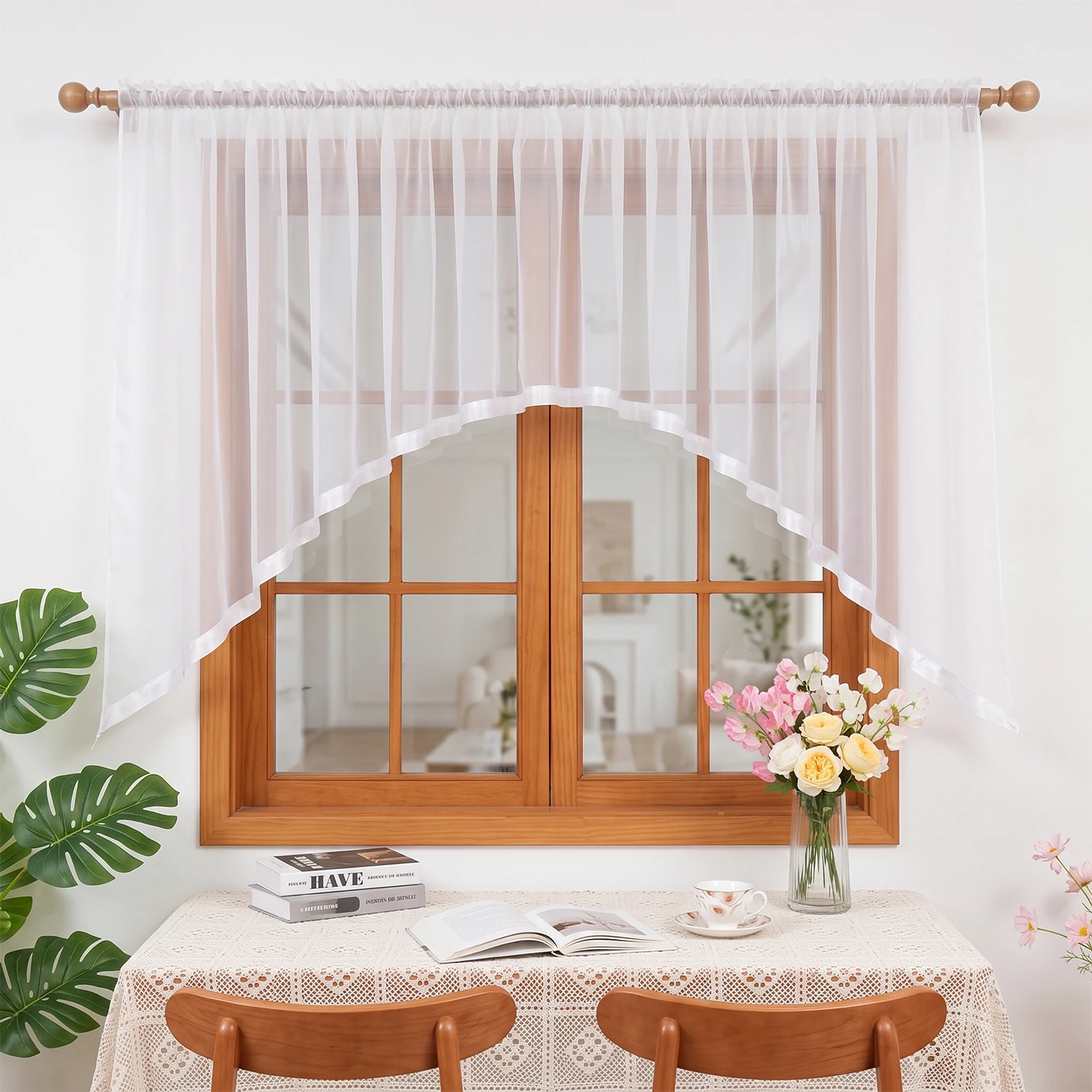 1PC Scalloped Arch Curtain With Satin Trim, Semi Transparent Cafe Valance Sheer Drape, For Living Room, Lovely Housewarming Gift