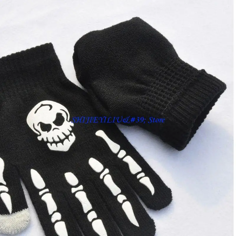 

E21F Halloween Skeleton Gloves Unisex Skull Claw Bone Stretch Knitted Cosplay Mittens Winter Hand Warmer Party Props