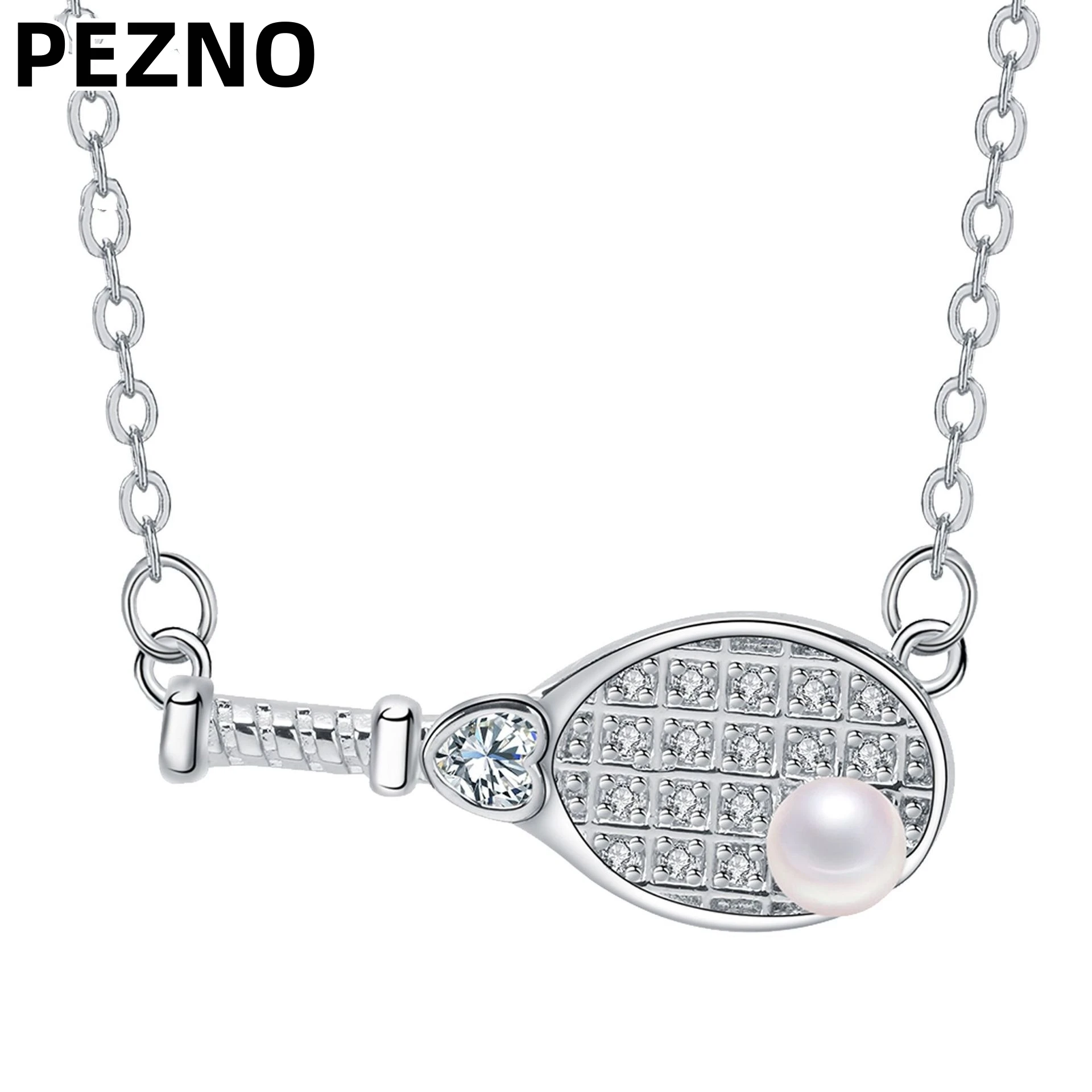 Stainless Steel Chain Tennis Racket Pendant Necklace Pearl CZ Crystal Sports Fashion Jewelry for Women Gift