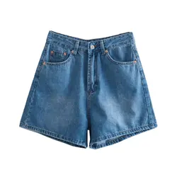 Maxdutti Minimalist Fashion High Waist Nordic Shorts Women Straight Denim Blue Bermuda Summer Denim Short