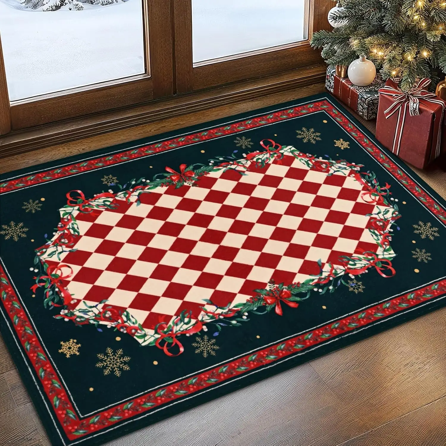 Christmas Entryway Rug Small Rug Checkered Door Mat Indoor Entrance, Snowflake Soft Winter Rugs for Entryway Non Slip Christmas