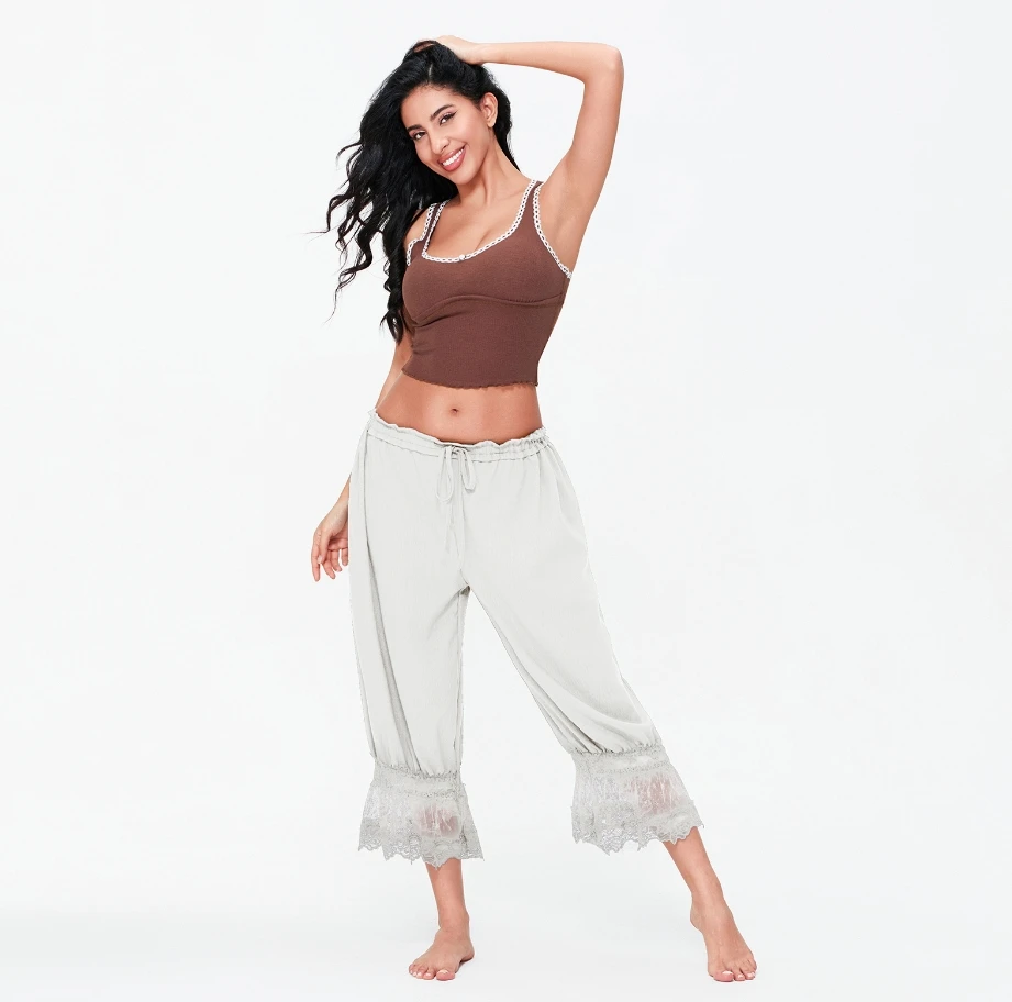 Womens Wide Leg Cropped Pants Loose Mid Rise Patchwork Lace Trim Long Bloomers Lantern Trousers Casual Bottoms Streetwear