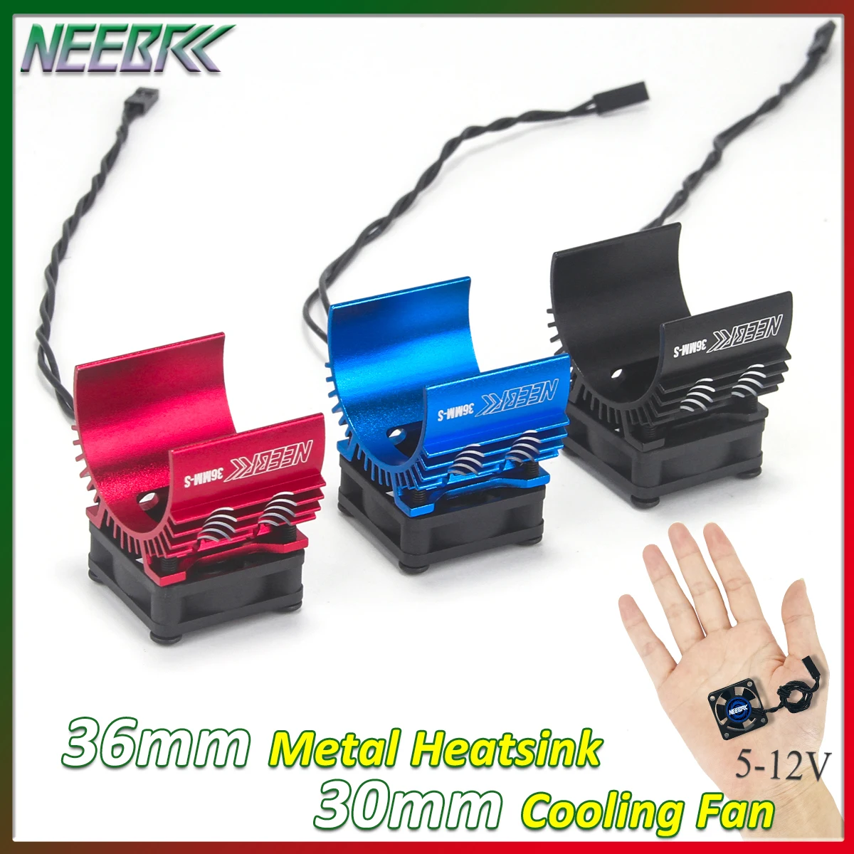 NEEBRC 36mm Metal Heatsink 30mm Cooling Fan 5-12V for 1/8 1/10 1/12 RC Car Model Toy Part 540 550 3650 3660 3665 Brushless Motor
