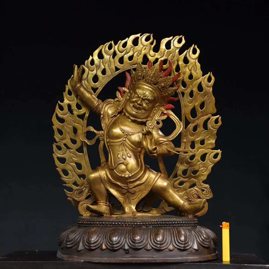 

22"Tibetan Temple Collection Old Bronze Gilded Cinnabar Vajrapani Bodhisattva Backlight Lotus Platform Worship Hall Town house