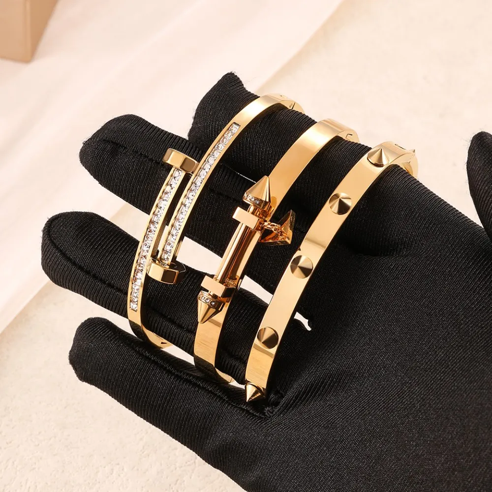 Minimalist Stainless Steel Willow Nail Bracelet Set for Women Shiny Cubic Zirconia Jewelry Gift Waterproof Fashion Accessory view 2