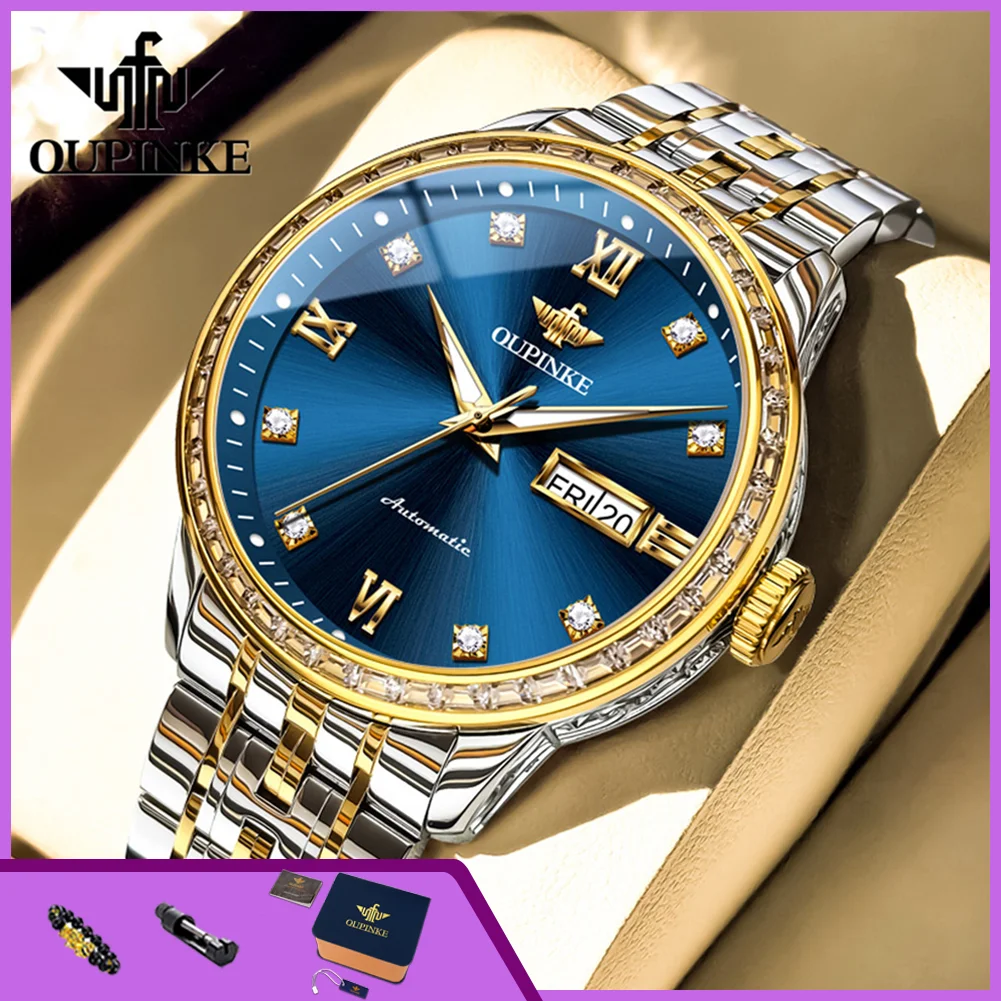 OUPINKE 3258 Man Watch Diamond Inlaid Dual Calendar Simple Luxury Automatic Mechanical Men's Watches Waterproof Business Watches