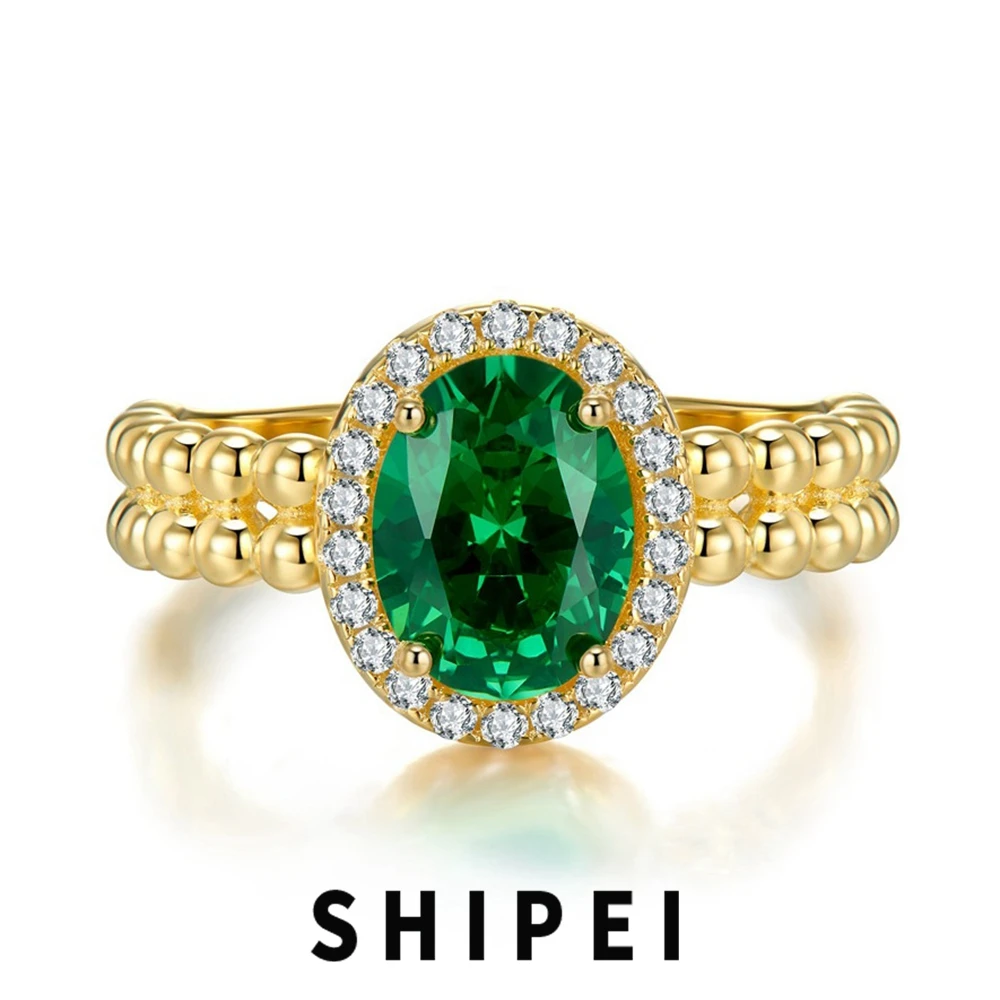 

SHIPEI Vintage 925 Sterling Silver Oval 2CT Emerald Gemstone 18K Gold Plated Ring For Women Wedding Party Fine Jewelry Wholesale