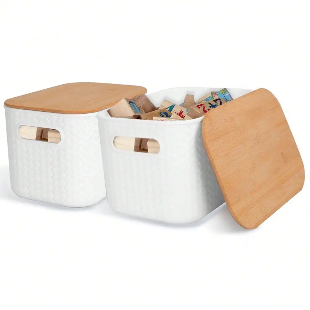 

2PACK Stackable Storage Bin Bamboo Lids Kids Toys Organizer Closet Container