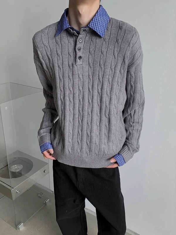 

ay Collar Knitted Sweater with Twisted Flower Design for Men Vintage Lazy Sle Inner Wear Top Loose Fit Long Sve