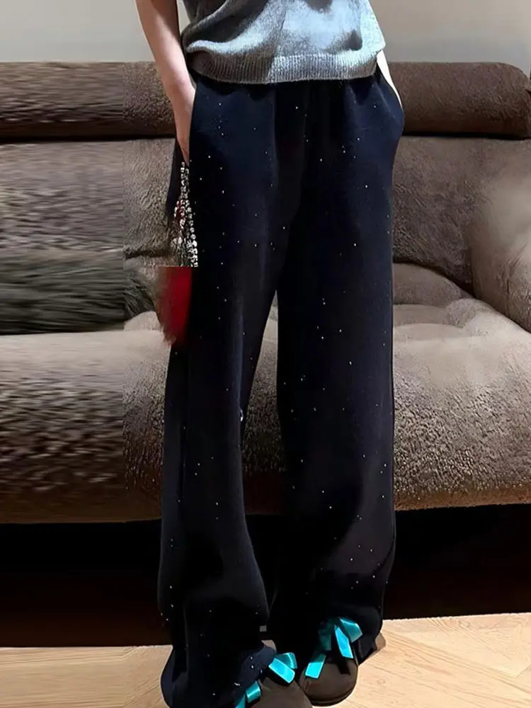 

Женские повседневные брюки с высокой талией и широкими штанинами, с блестящими стразами, для коррекции фигуры, прямые, весенняя новинка
