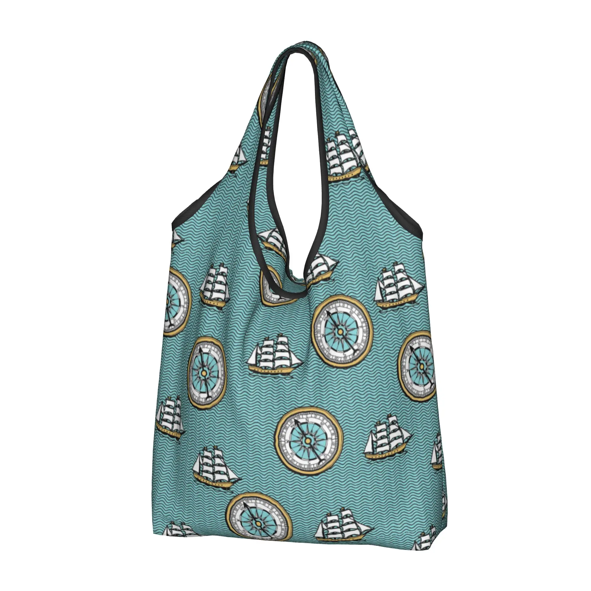 Kawaii Print Anchor Compass Captain Sailor Adventure Nautical World Map Shopping Tote Bags Portable Shopper Shoulder  Handbag