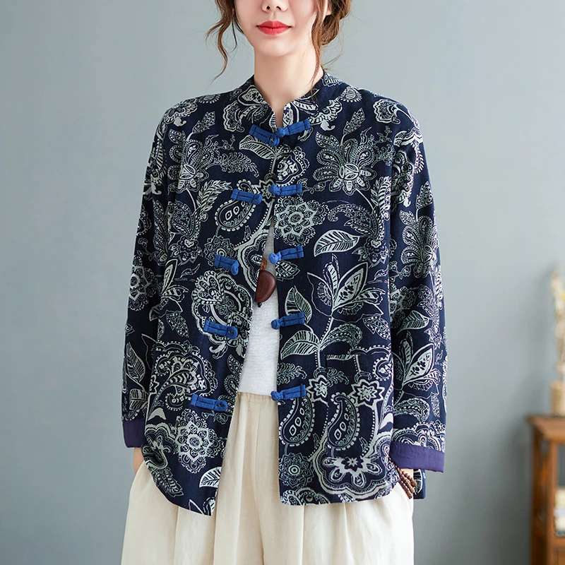 

Женская весенняя рубашка-жакет из хлопка и льна с этническим принтом в стиле ретро, с воротником-стойкой, цветными вставками и пуговицами, повседневный льняной топ с длинными рукавами