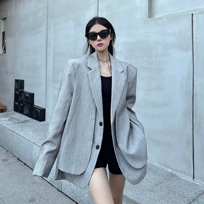 Women Gray Fake Two Pieces Big Size Blazer New Lapel Long Sleeve Shoulder Pad Jacket Fashion Spring Autumn 2025