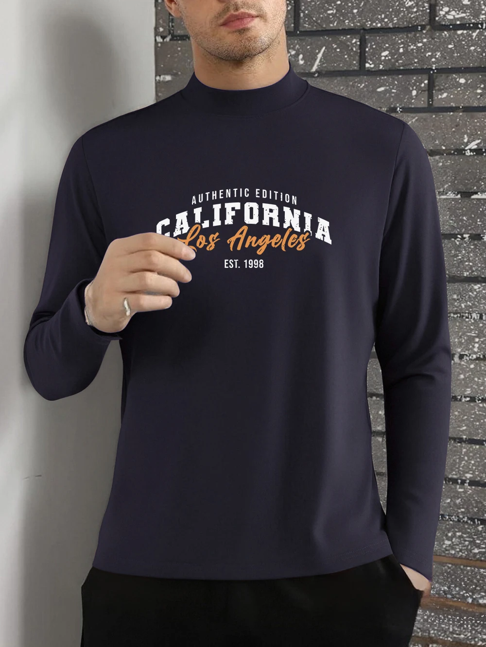 

Los Angeles California Prints T-Shirt Men Autumn Winter Fleece Tops Slim Warm Half Turtleneck Bottoming Shirt Casual Clothes