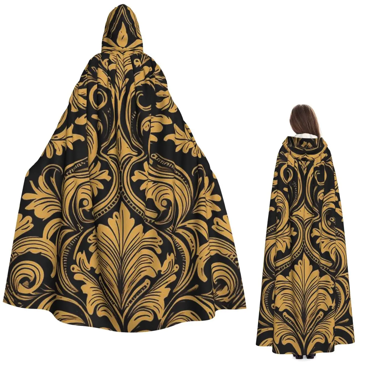 

Elegant Black And Golden Baroque Long Hooded Cloak Witch Medieval Costume Cosplay Cape HalloweenVampire Adult Unisex