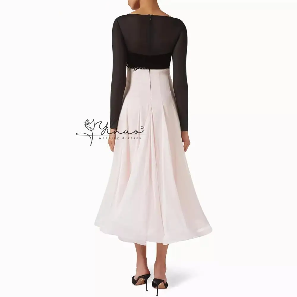 Customized  A-line Evening Dresses Tea-length Boat Neck Full Sleeve Prom Dresses Fashion Flowers Crystal Draped Customized Gowns