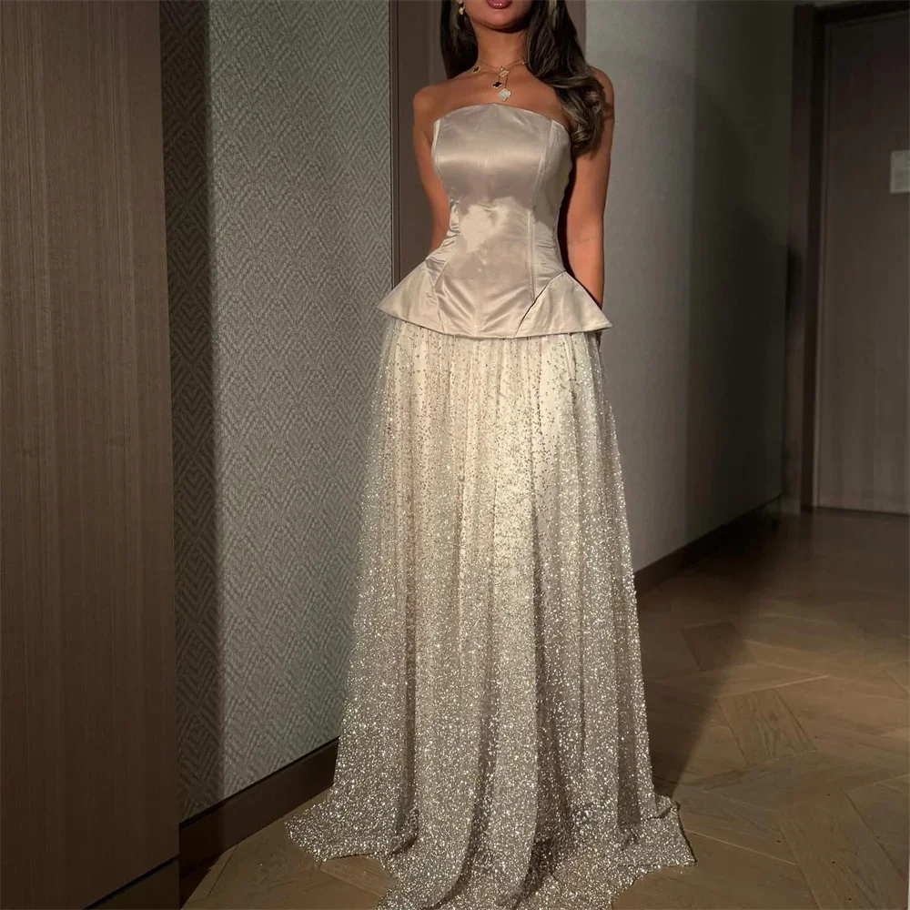 

Women Sequin Strapless Prom Dresses A-Line Customized Exquisite vestido de gala noche mujer