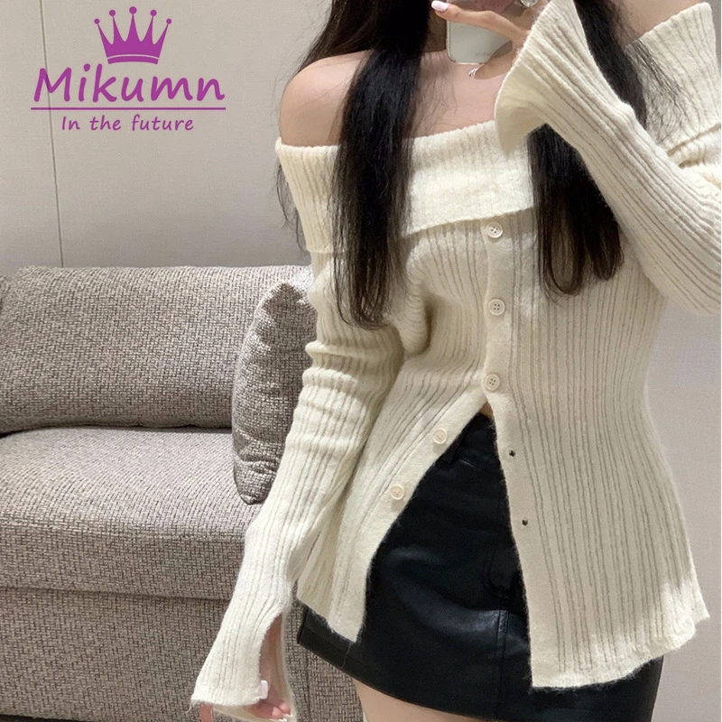 Mikumn Women Autumn Knitted Sweater Korean Fashion Slash Neck Off Shoulder Long Sleeve Jumper Sexy Slim Single Breasted Knitwear