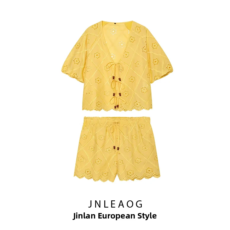

JNLEAOG Summer New Women's Fashion Embroidered Hollow out Top Casual Shorts Two Piece Set Regular Length Sleeveless Outfit