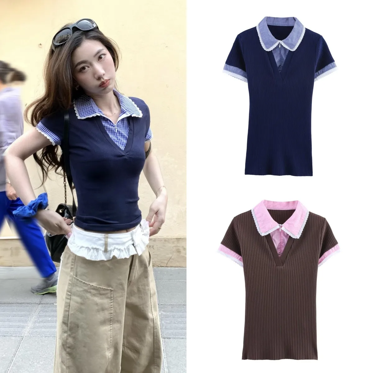 LIBIELIY New Women's Clothing Korean Style Fashion Color-blocking Patchwork Lapel Short-sleeved Simple Ribbed T-shirt