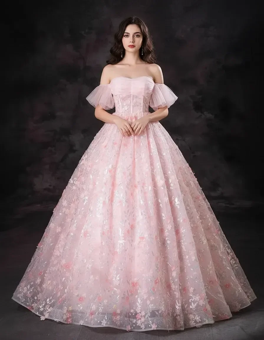 

Pink Off Shoulder Sweetheart Ball Gown with 3D Floral Appliques for Quinceanera Prom Evening Party Wedding Guest Formal Occasion