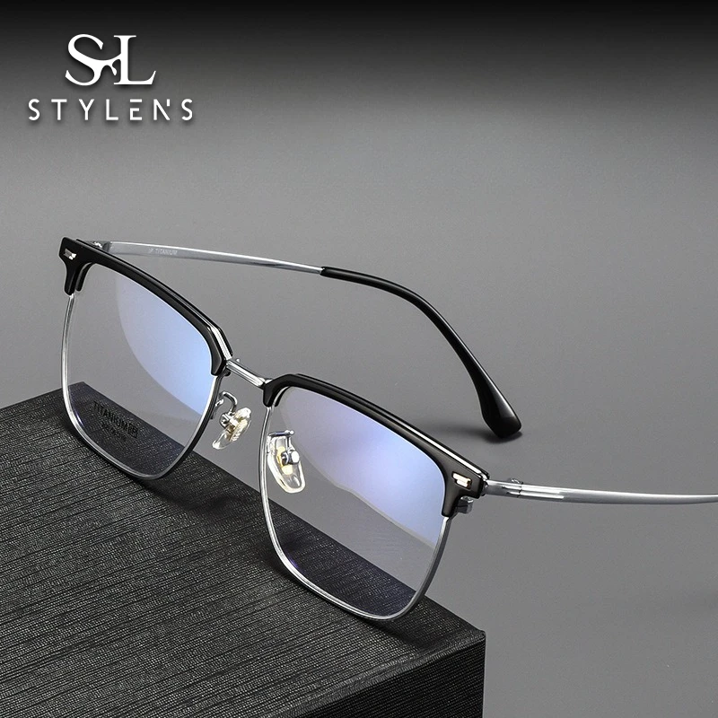 

STYLENS Business Ultralight Pure Titanium Eyebrow Frame Men's Reading Glasses Anti Blue Light Prescription Customization 268