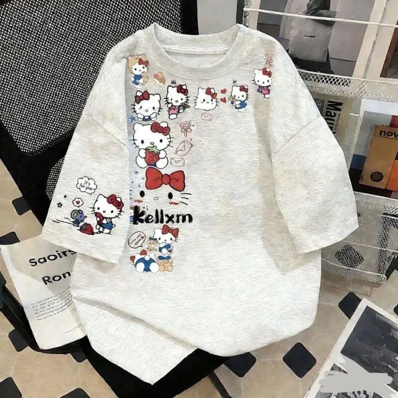 Short-Sleeved T-Shirt Hello Kitty Summer Popular Lazy Style Sanrio Women's Versatile Tops Cartoon Loose Unique Design Leisure
