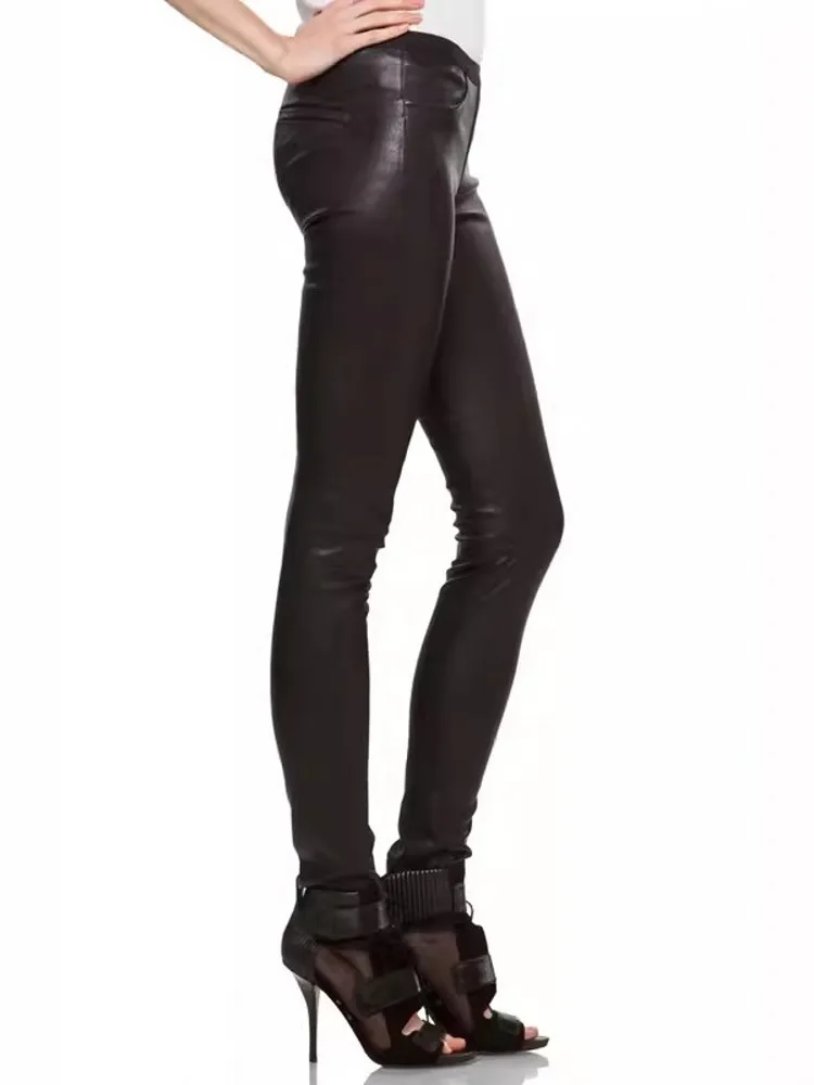 Hot Sexy Women Elastic Sheepskin Skinny Pencil Pants Push Up Slim Fit Genuine Leather Pants Top Quality Motorcycle Long Trousers