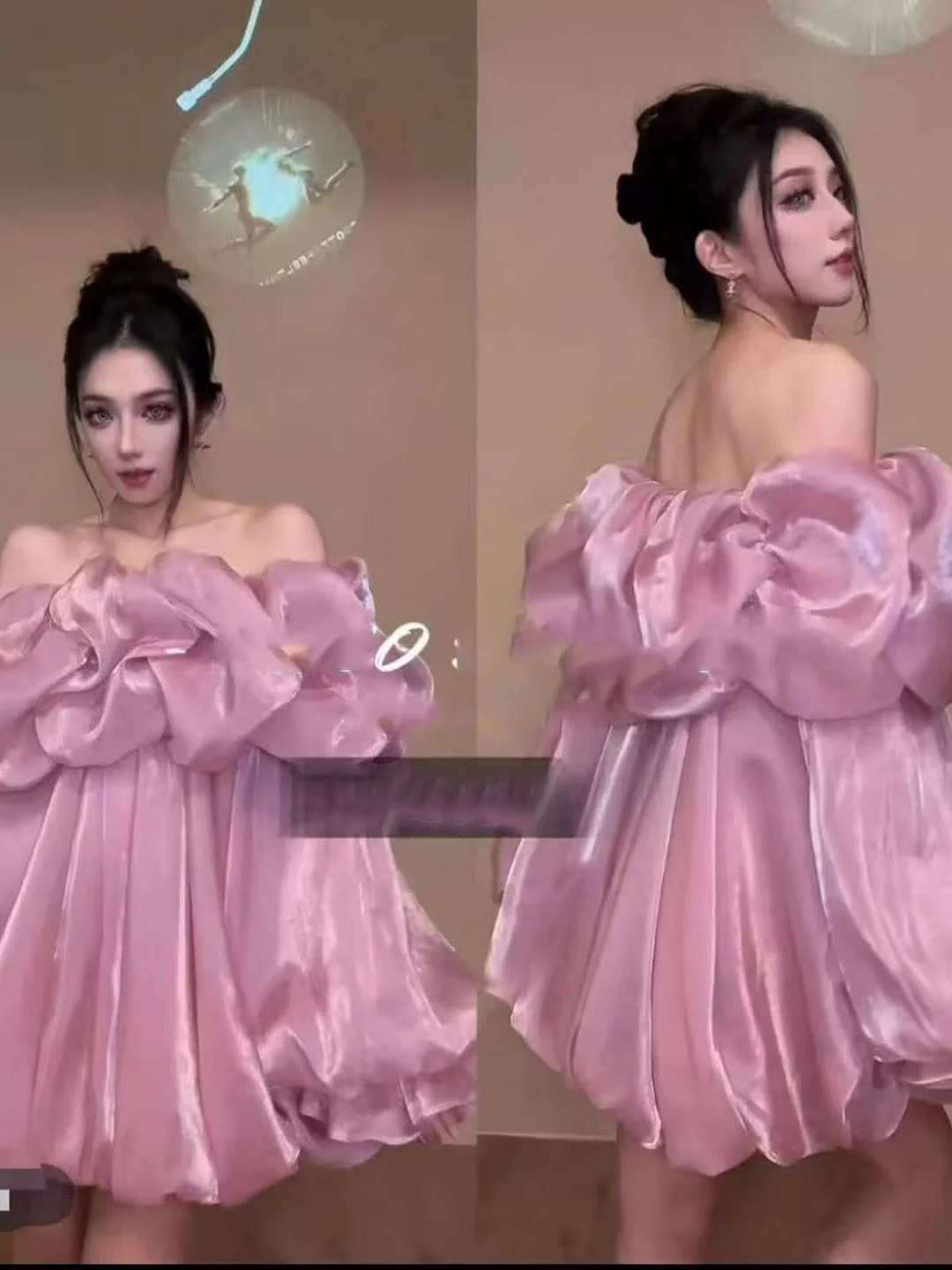 

Spring 2026 Sweet Girl Style Shoulder Bared Bubble Sleeve Shiny Blouse Women's Skirt Hem Pleated Elegant Top Korean Loose Fit...