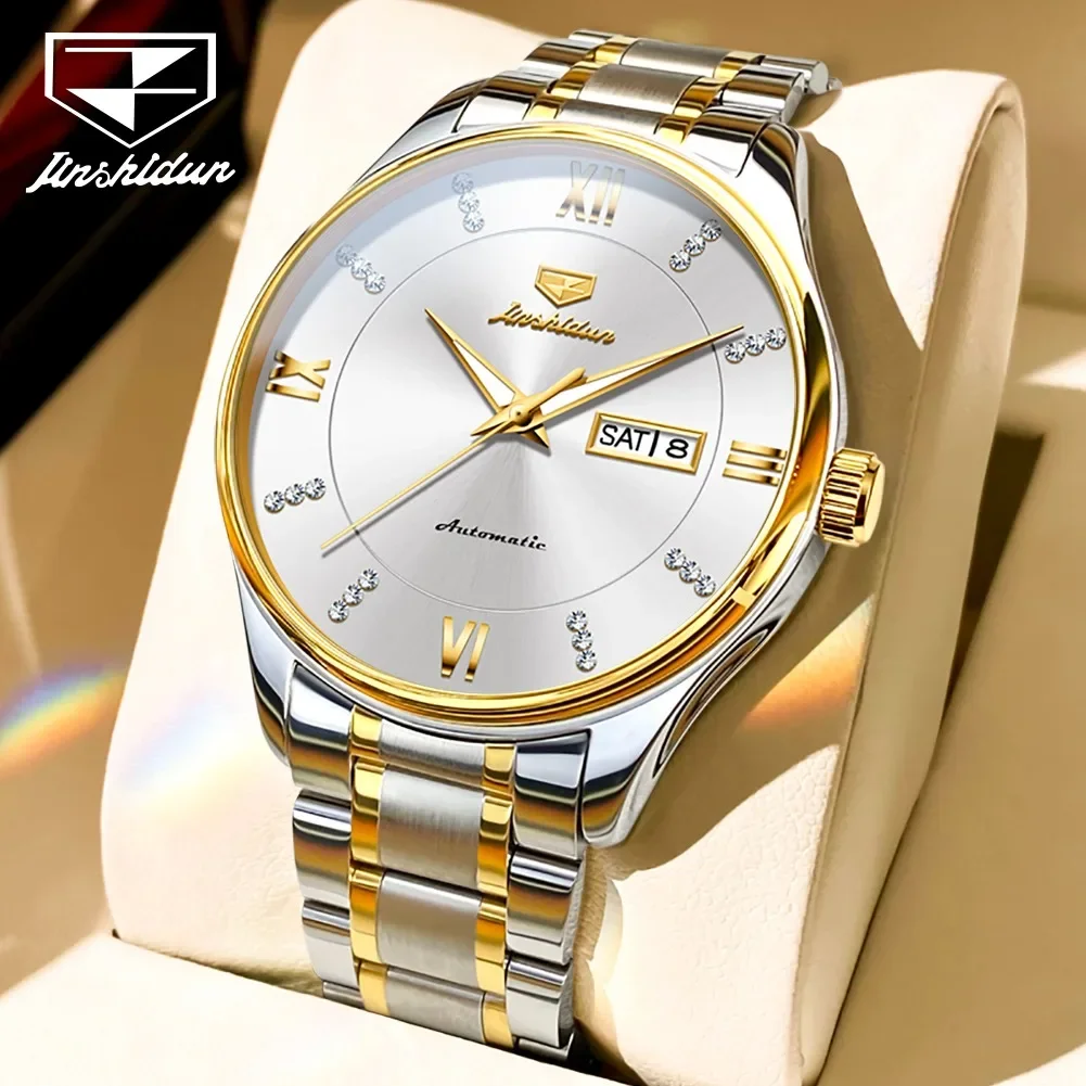 JSDUN 8933 Stainless Steel Strap Waterproof Men Wristwatches Fashion Automatic Mechanical Watch For Men Calendar Week Display