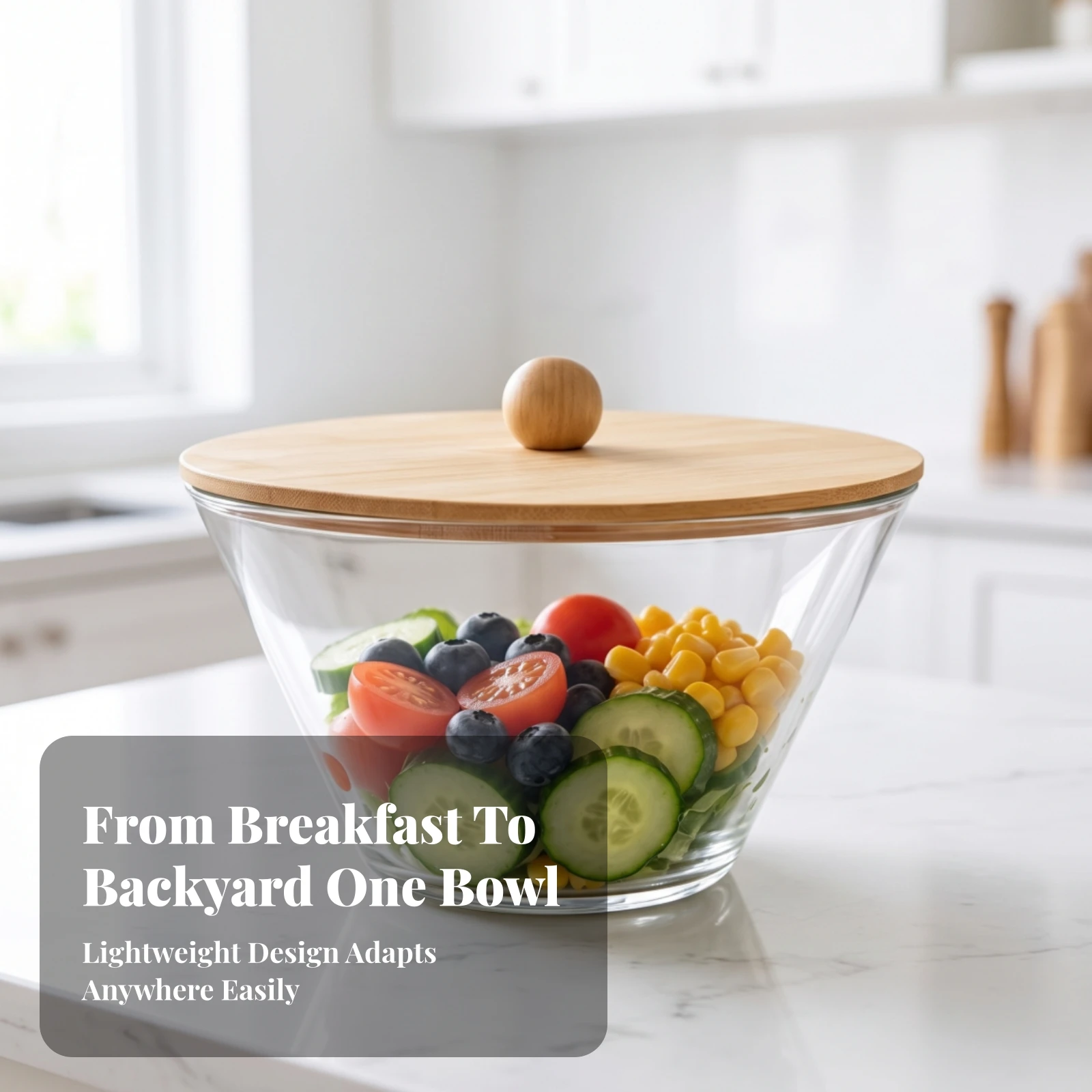 Salad Bowl with Bamboo Lid Robust Salad Bowl with Lid Dessert Serving Container Shatterproof Elegant for Hosts, Kitchen view 6