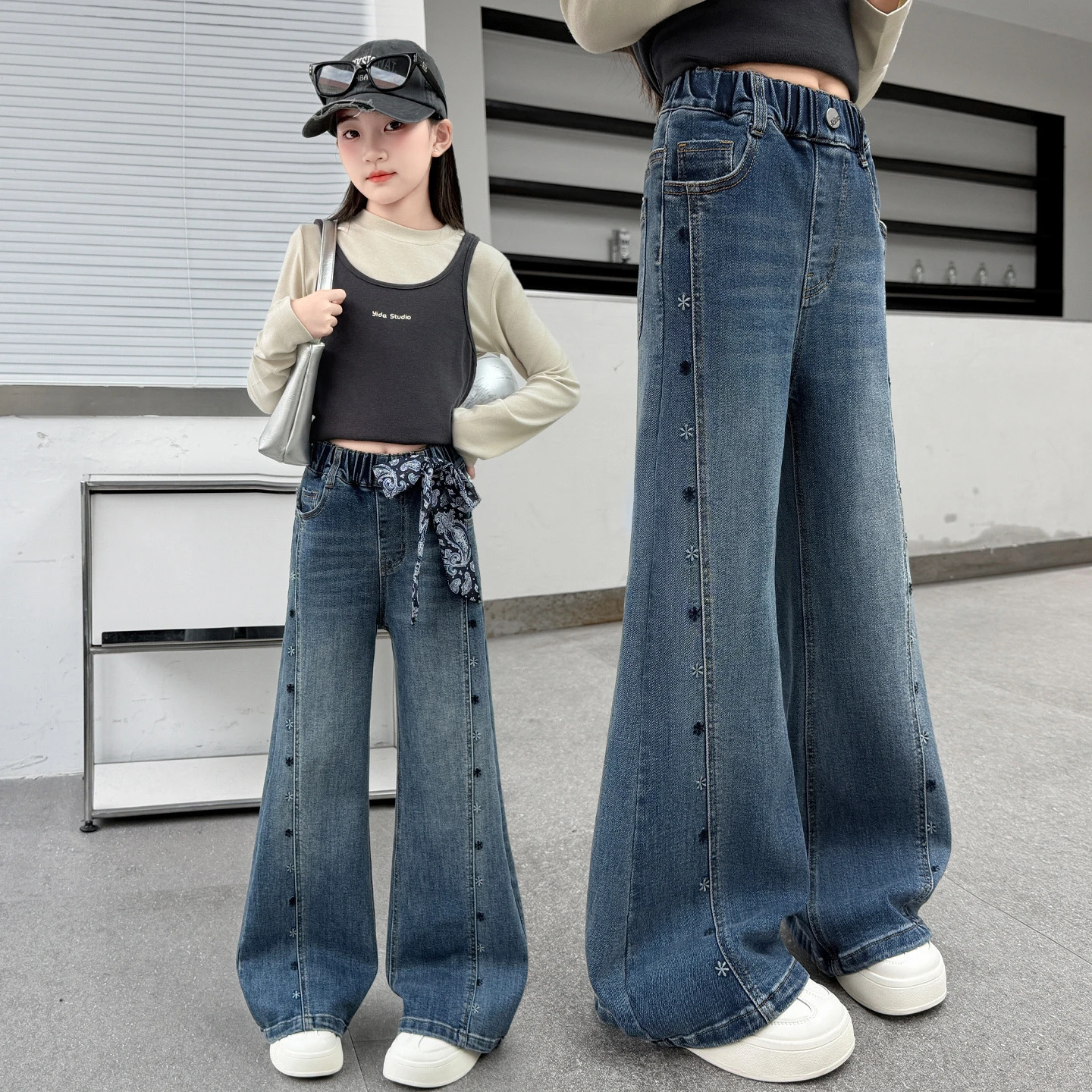 High waisted Fashion Embroidered Jeans For Girls' 2026 New Autumn Micro Flared Pants with Scarf Kids Casual Denim Trousers