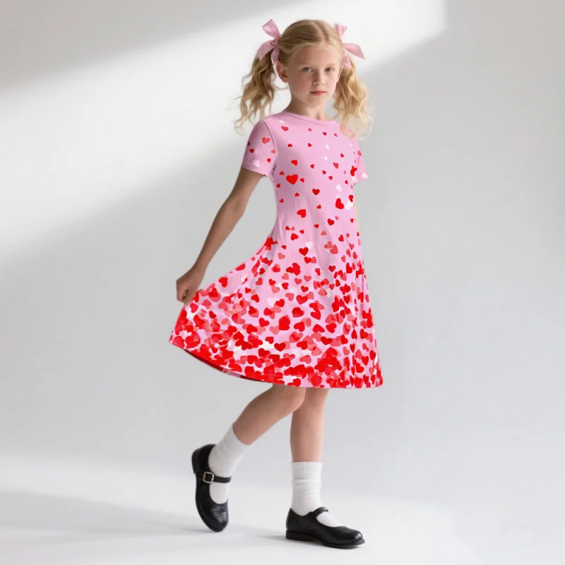 Girls Gradient Casual Dress Sweet Heart Short Sleeve Fashion Trend 2026 Sweet Style Loving Dress for Kids