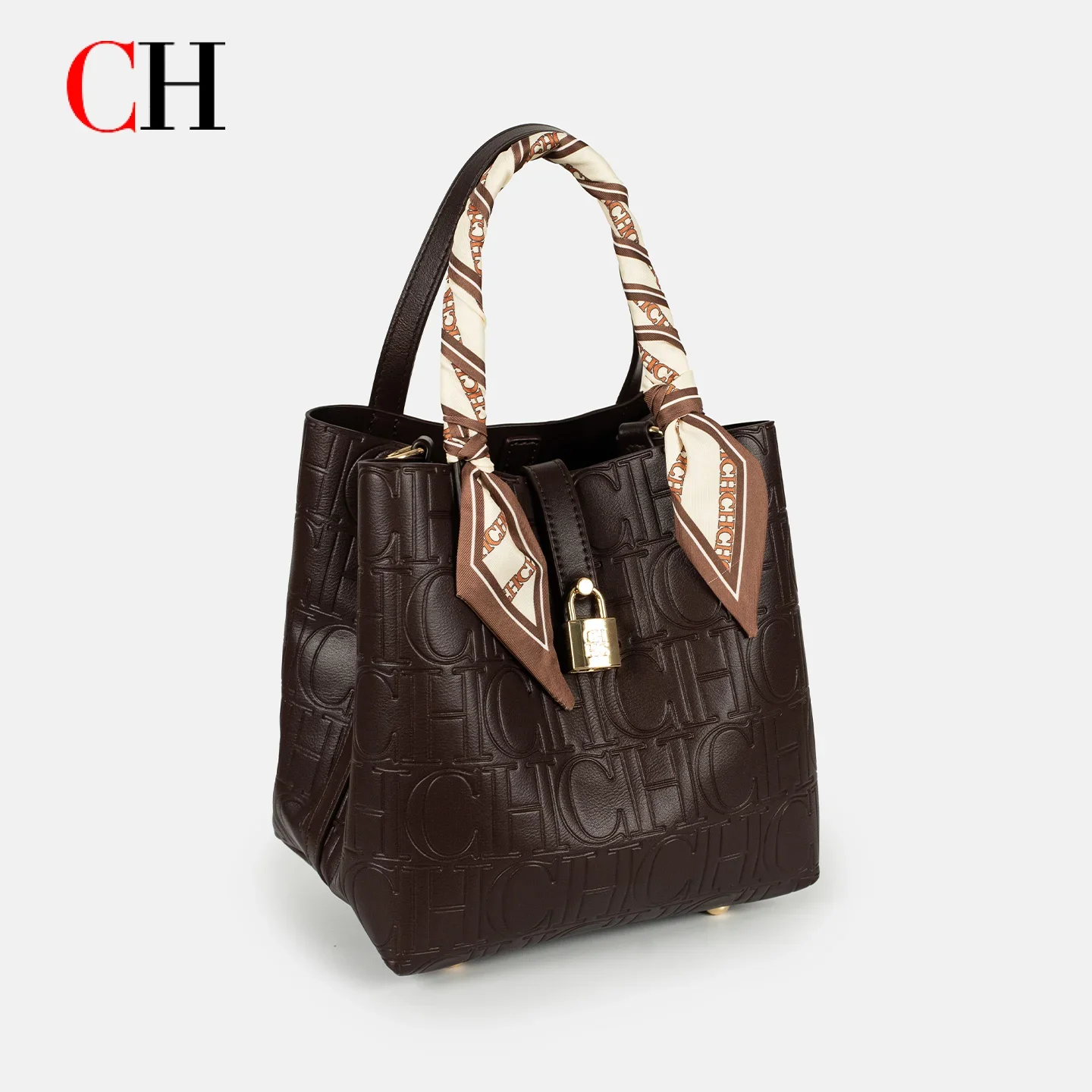 CH Womens Embossed Leather Bucket Bag Silk Scarf Gold Lock Decor Luxury Large Capacity Crossbody Handbag