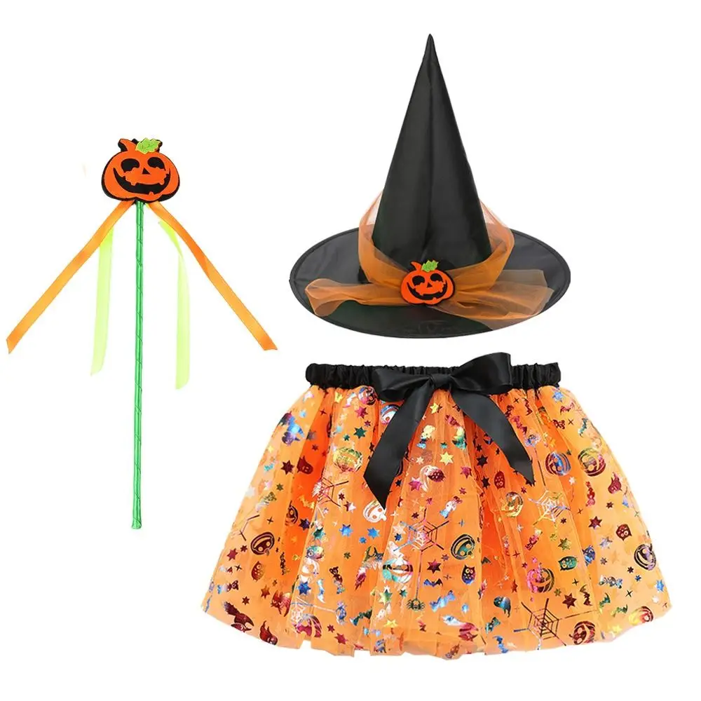 3Pcs/set Wizard Childern Halloween Costumes Broom Bright Color Kids Witch Dress Set Pointy Hat Short Skirt
