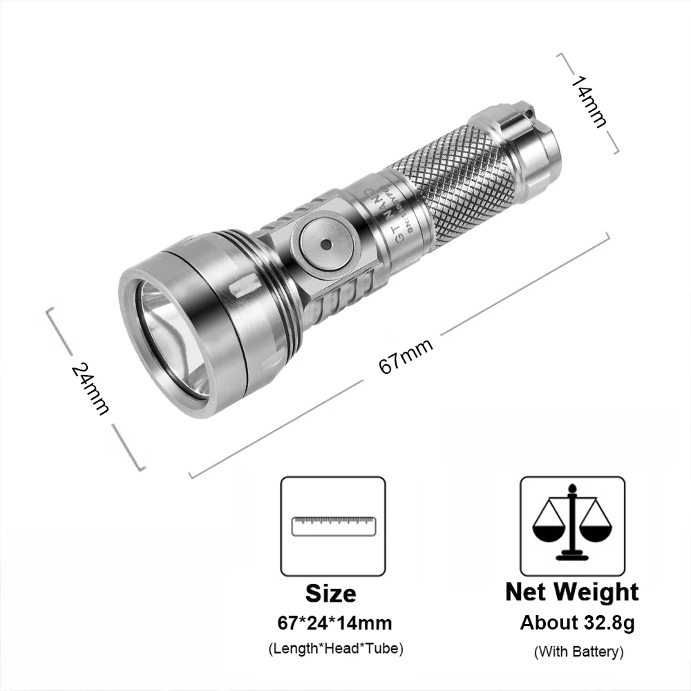 EDC LED Flashlight Titanium Keychain Outdoor Powerful Camping Lantern 400M Distance Light USB-C Rechargeable Lamp GT NANO 3.0