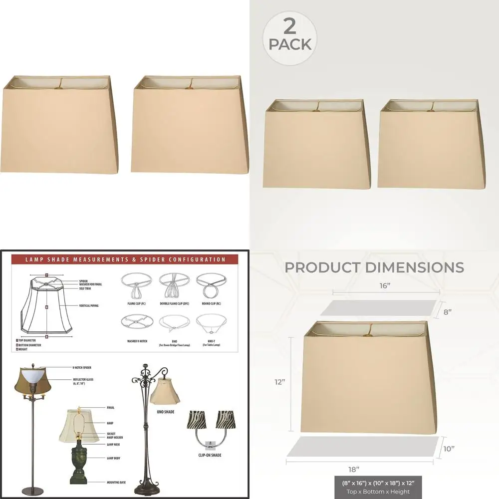 

Rectangle Beige Hardback Lamp Shades, 8x16x10x18 Inches, 2-Pack, Large Size for Home Lighting