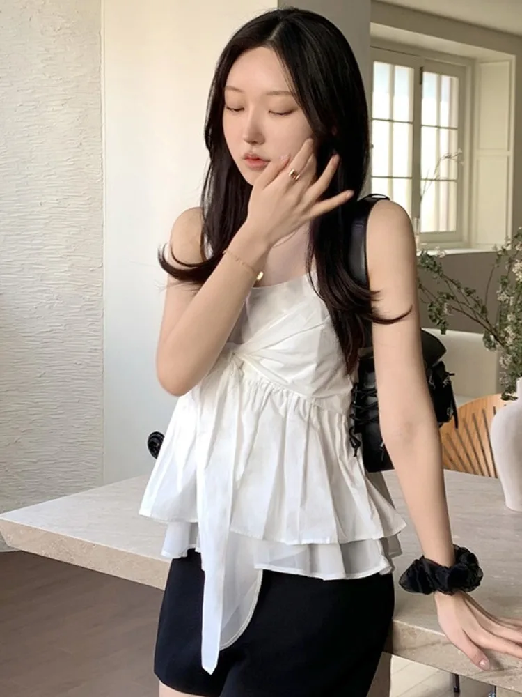 

Summer Elegance Women's ort Loose V-Ne Knot Strap Vest Double Layer Lace Hem Sweater Pure Color Single Piece