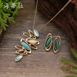 new enamel color oval petal stud earrings pendant set, women's high-end hollow petal necklace