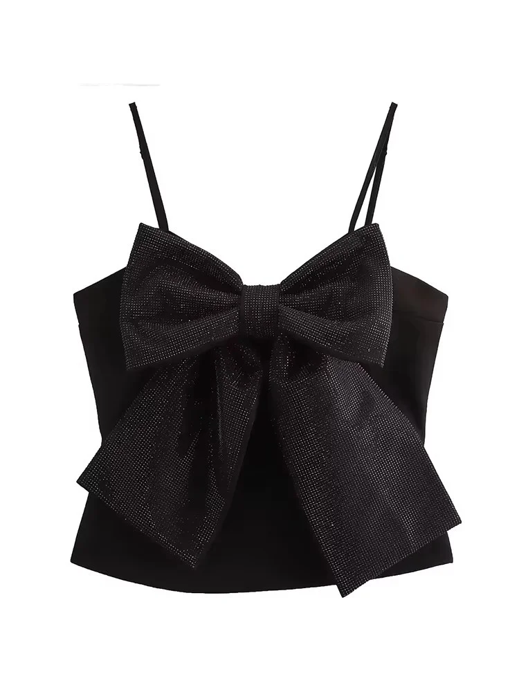 

Sequined Bow Women Sling Top Sexy Backless Crop Top Pleated Zippers Female Tank Tops 2025 Spring Lady Streetwear Tops